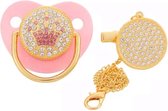 Fopspeen met clip - 0 - 6 Maanden - Silica gel - Goud / Roze - Luxe fopspeen met diamanten