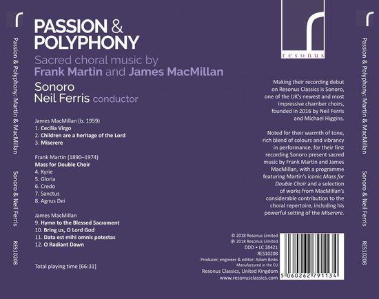 CD-hoes met de titel "Passion & Polyphony", een afbeelding van het "Resonus" logo en een tracklist.