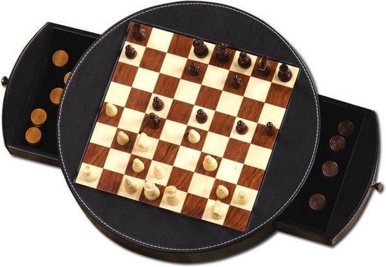 Afbeelding van het spel schaak- en damspel 30 cm hout/leer zwart 4-delig