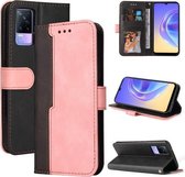 Voor vivo V21e/Y73 2021 Zakelijke stiksels-kleur Horizontale Flip PU lederen tas met houder & kaartsleuven & fotolijst (roze)