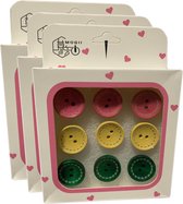 Set van 27 leuke punaises in doosjes (model: knopen roze, geel en groen)