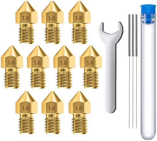 MMOBIEL 10 stuks 1.0mm Messing MK8 3D Printer Nozzles Extruder Incl. 3 reinigingsnaalden