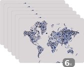 Placemat - Placemats kunststof - Wereldkaart - Delfts Blauw - Wit - 45x30 cm - 6 stuks - Hittebestendig - Anti-Slip - Onderlegger - Afneembaar