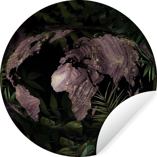 WallCircle - Muurstickers - Behangcirkel - Wereldkaart - Planten - Paars - ⌀ 120 cm - Muurcirkel - Zelfklevend - Ronde Behangsticker XXL