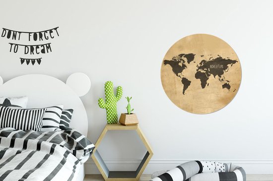 WallCircle - Stickers muraux - Cercle Papier Peint - Wereldkaart - Marron - Vintage - 50x50 cm - Cercle Mural - Auto Adhésif - Autocollant Rond Papier Peint