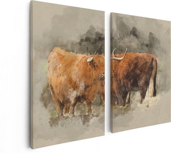Artaza Canvas Schilderij Tweeluik Twee Schotse Hooglander Koeien - Abstract - 80x60 - Foto Op Canvas - Canvas Print