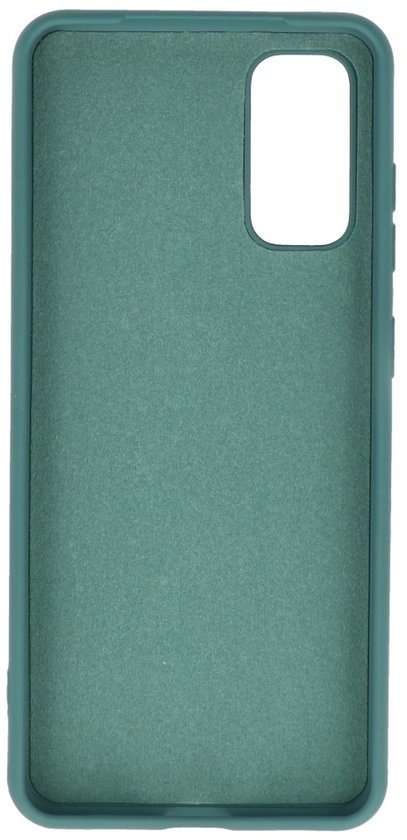 Étui de téléphone vert foncé, intérieur avec découpe rectangulaire pour appareil photo.