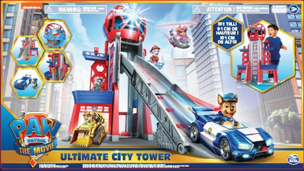 PAW PATROL Movie Ultimate City Transforming, 91 cm de haut PAW Patrol Tour  avec 6 figurines à collectionner, petite voiture, lumières et sons, jouets  pour enfants de 3 ans et plus 