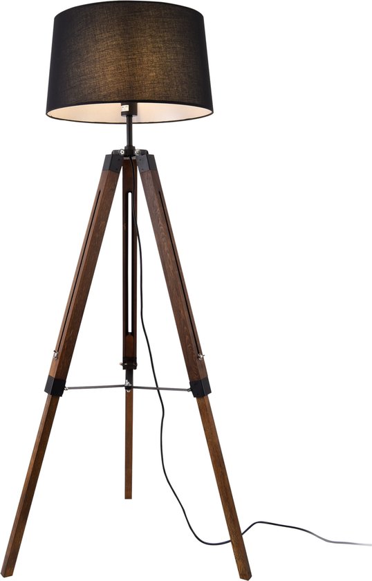 Lampadaire Design Lampe à Pied Trépied avec Pieds en Bois et Métal  Abat-Jour en Tissu