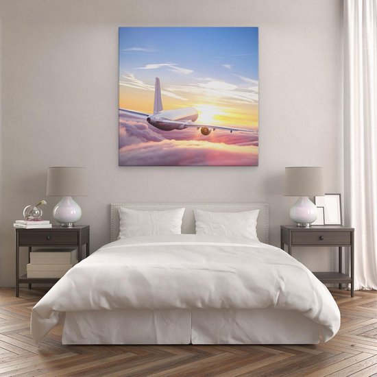 Artaza - Peinture sur toile - Avion dans les nuages au coucher du soleil - 90 x 90 - Groot - Photo sur toile - Impression sur toile