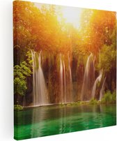 Artaza Canvas Schilderij Watervallen Bij Het Groene Meer Met Zon - 60x60 - Foto Op Canvas - Canvas Print