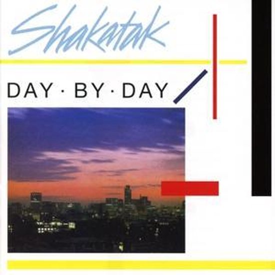Cd-hoesje met de tekst 'Shakatak DAY BY DAY'. Een foto van een stad bij zonsondergang. Met geometrische lijnen en kleuren.