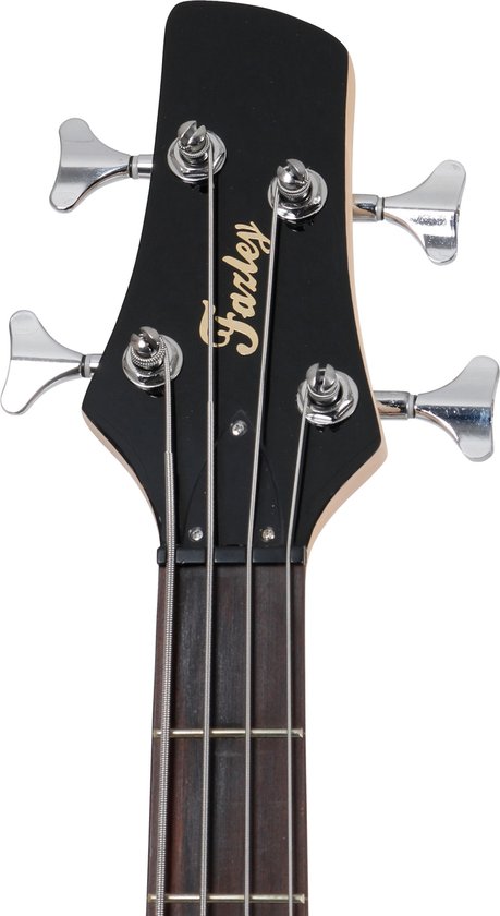 De kop van een basgitaar met zwart gelakte voorkant en 'Fazley' logo. Vier chromen stemmechanieken zijn zichtbaar.