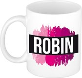 Robin  naam cadeau mok / beker met roze verfstrepen - Cadeau collega/ moederdag/ verjaardag of als persoonlijke mok werknemers