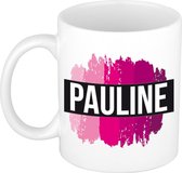 Pauline  naam cadeau mok / beker met roze verfstrepen - Cadeau collega/ moederdag/ verjaardag of als persoonlijke mok werknemers