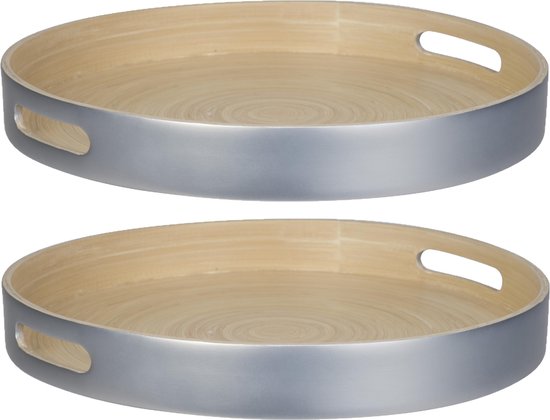 2x stuks kaarsenborden/kaarsenplateaus zilver bamboe rond D40 cm - Dienbladen met opstaande rand van 5 cm.