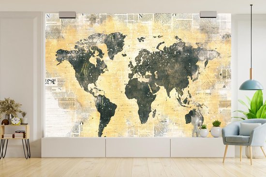 Carte du monde gris foncé sur fond avec peinture orange et journal 420x280 cm