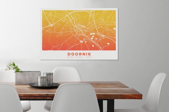 Canvas Schilderij Stadskaart - Doornik - België - Oranje - 90x60 cm - Wanddecoratie