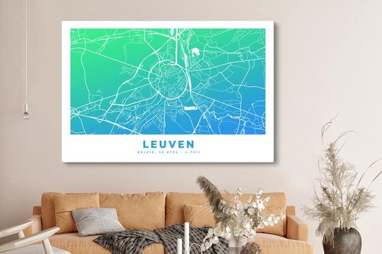 Tableau sur toile Carte de ville - Louvain - Blauw - België - 180x120 cm - Décoration murale XXL