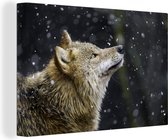 Canvas Schilderij Wolf - Sneeuw - Bruin - 120x80 cm - Wanddecoratie