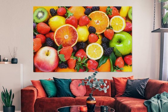 Canvas schilderij 180x120 cm - Wanddecoratie Aardbei - Citroen - Fruit - Muurdecoratie woonkamer - Slaapkamer decoratie - Kamer accessoires - Schilderijen