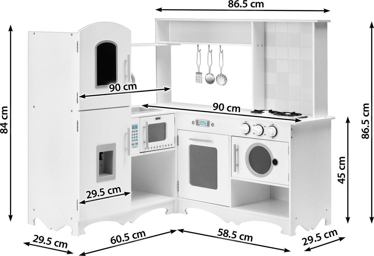 Mamabrum Houten kinderkeuken 3 , groot, interactief kinderfornuis XXXL met led-verlichting, keukenset met wasmachine, oven, vaatwasser, afzuigkap, ijsblokjesmachine en pannen