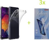Hoesje Geschikt voor: Samsug Galaxy A50 - Anti Shock Silicone Bumper - Transparant + 3X Tempered Glass Screenprotector