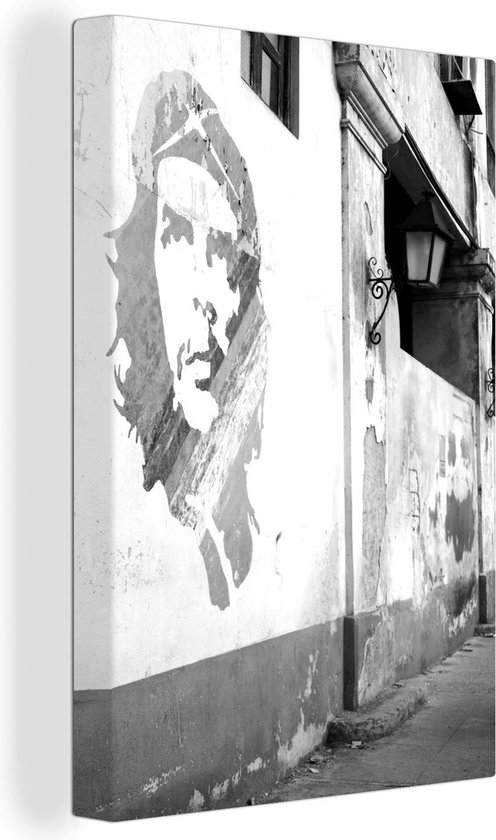 Canvas Schilderij Che Guevara-muurschildering - zwart wit - 60x90 cm - Wanddecoratie