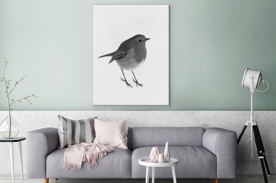 Toile Peinture Robin - Zwart - Wit - 90x120 cm - Décoration murale
