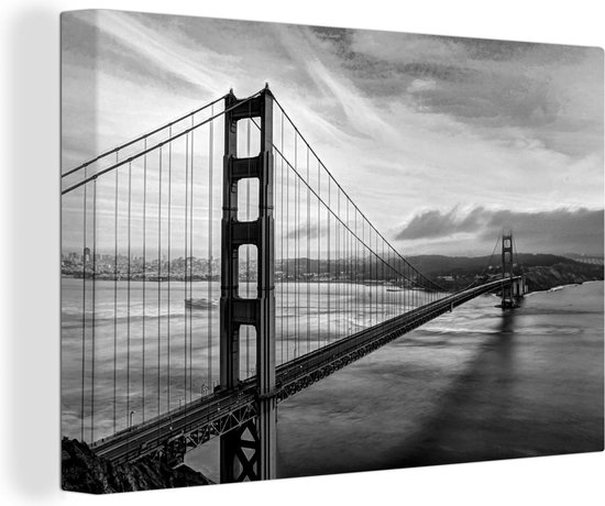 Canvas Schilderij Zonsondergang boven de Golden Gate Bridge in San Francisco - zwart wit - 140x90 cm - Wanddecoratie