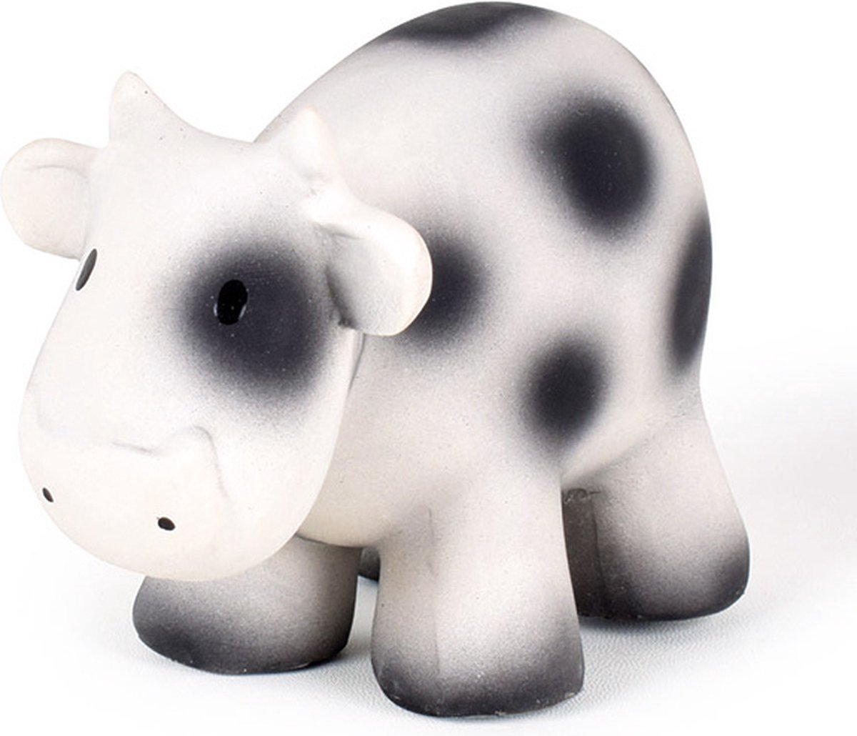 Tikiri: MIJN EERSTE BOERDERIJDIERTJE / KOE 9cm, in natuurlijk rubber, met belletje, met hangkaart, 0+