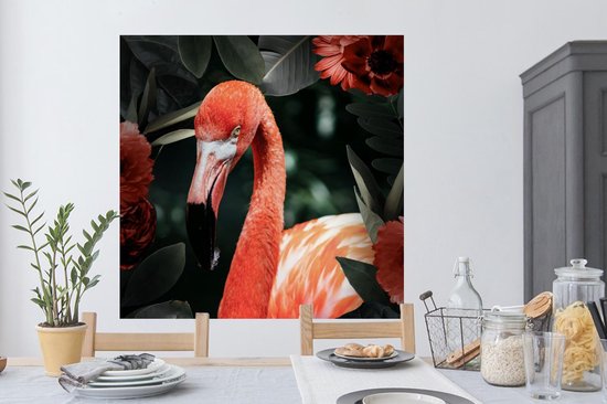 Stickers muraux - Film autocollant - Flamingo - Fleurs - Feuilles - Ressorts - 120x120 cm - Film adhésif - Stickers muraux Chambre d'enfant - Papier peint autocollant XXL