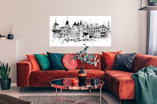 Paysage urbain monochrome d'Amsterdam avec moulin à vent et maisons de canal, avec le mot 'Amsterdam' en calligraphie élégante.