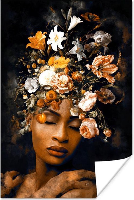 Poster Bloemen - Vrouw - Goud - 20x30 cm
