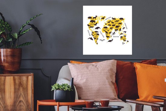 Décoration murale - Wereldkaart - Animaux - Jaune - 50x50 cm - Affiche