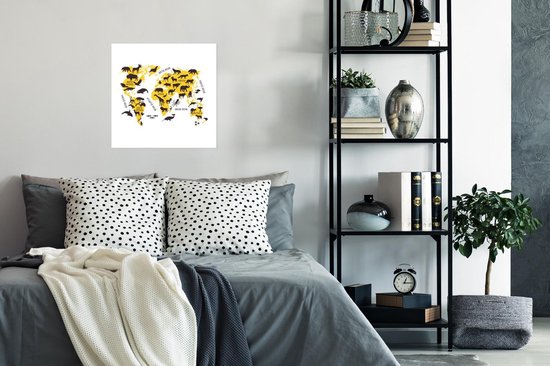 Décoration murale - Wereldkaart - Animaux - Jaune - 50x50 cm - Affiche