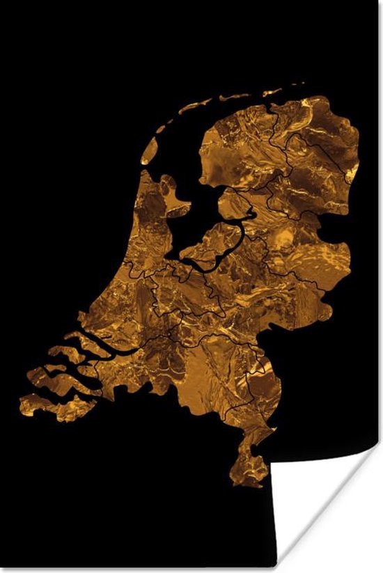Poster Kaart Nederland - Marmer - Goud - 20x30 cm