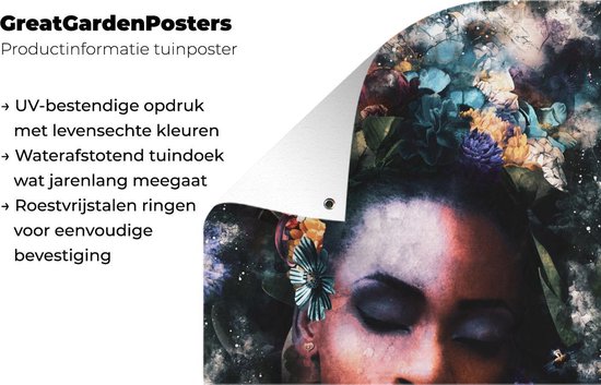 Tuinposter 40x60 cm - Tuindecoratie Vrouw - Kleur - Abstract - Poster voor in de tuin - Buiten decoratie - Schutting tuinschilderij - Tuindoek muurdecoratie - Wanddecoratie balkondoek