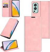 Voor OnePlus Nord 2 5G Retro-skin Zakelijke magnetische zuignap lederen hoes met houder en kaartsleuven en portemonnee (roze)