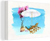 Canvas Schilderij Strandstoel - Bloemen - Parasol - Waterverf - 60x40 cm - Wanddecoratie