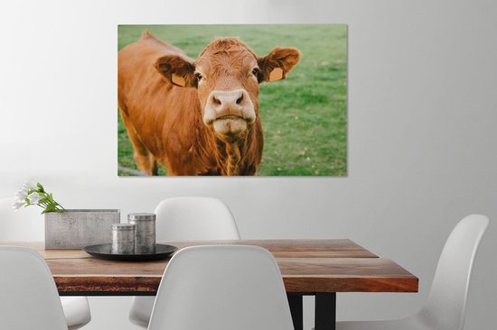 Tableau sur toile Vache - Marron - Herbe - 90x60 cm - Décoration murale