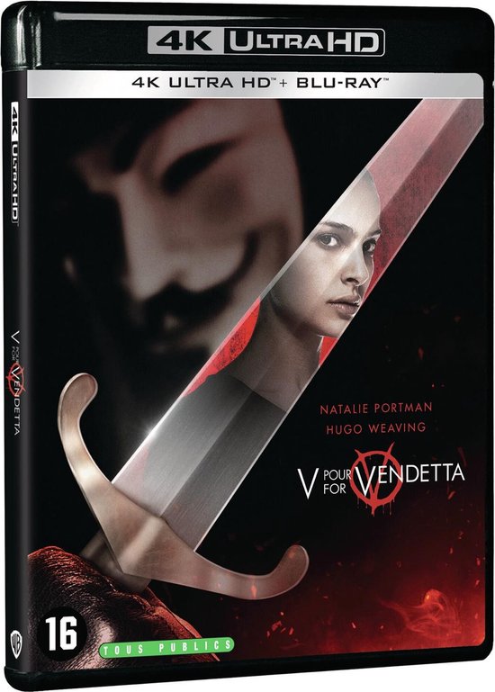 4K Ultra HD Blu-ray van V For Vendetta met Natalie Portman en Hugo Weaving. Een zwaard steekt uit een masker.