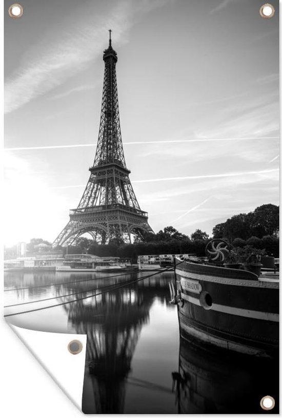 Muurdecoratie Weerspiegeling van de Eiffeltoren in de Seine - zwart wit - 120x180 cm - Tuinposter - Tuindoek - Buitenposter