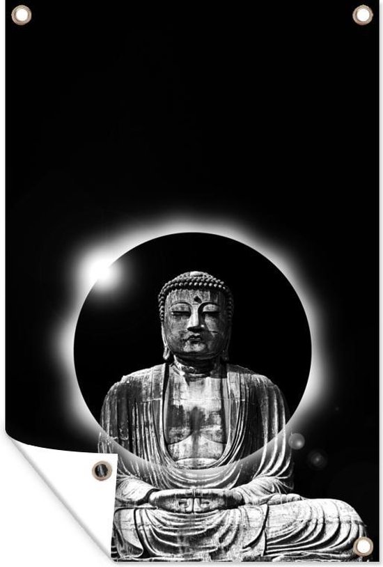 Muurdecoratie Beeld van een Boeddha met een cirkel - zwart wit - 120x180 cm - Tuinposter - Tuindoek - Buitenposter