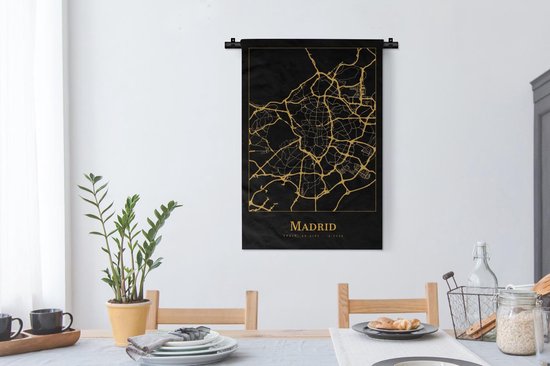 Wandkleed - Wanddoek - Kaart - Madrid - Spanje - Goud - Zwart - 60x90 cm - Wandtapijt