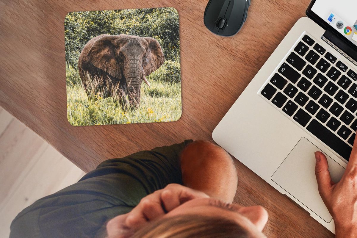 Muismat 20x20 cm - Mousepad Olifant - Gras - Natuur - Muismatten