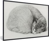 Fotolijst incl. Poster - Opgerolde liggende slapende kat - schilderij van Jean Bernard - 90x60 cm - Posterlijst