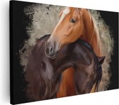 Artaza Canvas Schilderij Twee Getekende Knuffelende Paarden - Abstract - 120x80 - Groot - Foto Op Canvas - Wanddecoratie Woonkamer
