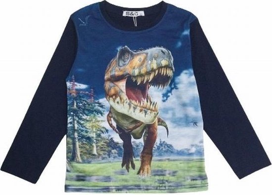 S&C Dinosaurus shirt - Lange Mouw - Dino shirt - T-rex - Donkerblauw - maat 92 (2) - H158