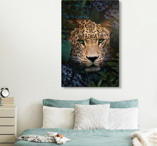 Peintures sur toile Panthère - Jungle - Fleurs - Plantes - 120x180 cm - Décoration murale XXL